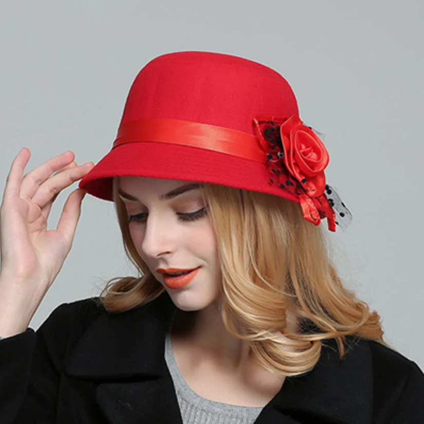 Women Wool Top Hat Retro Elegant Big Brimmed Hat Flower Imitation Warm Fashion Autumn Winter Female Party Gift Girl