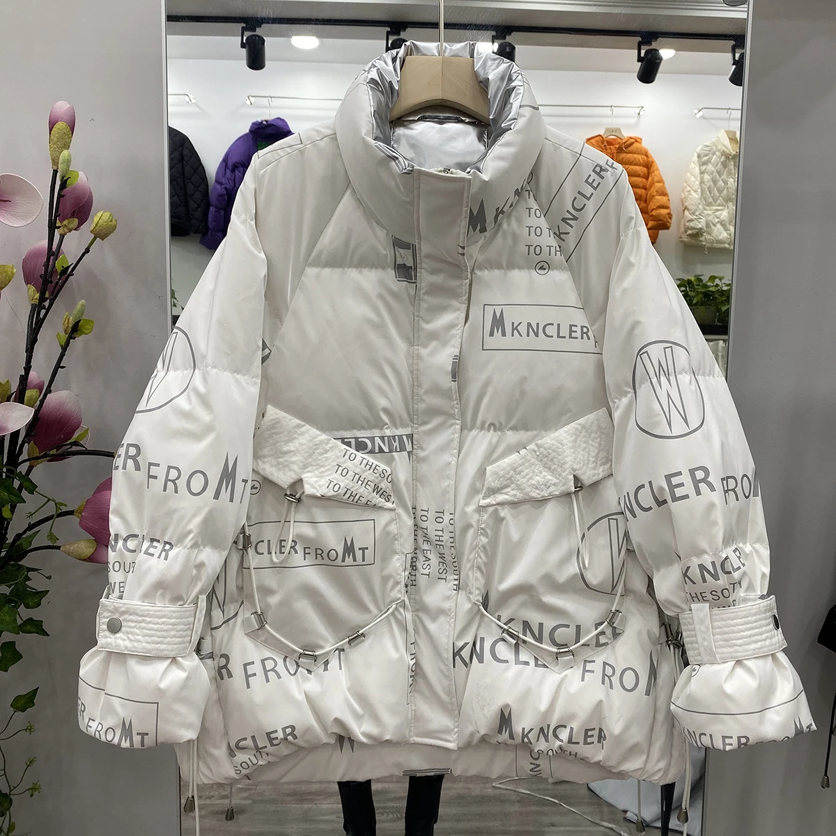 Fashion Loose Letter Bright Face Bread Jacket Down Women's Middle Long New Warm White Duck Dowm Parka Snowwear Thick Puffer Coat