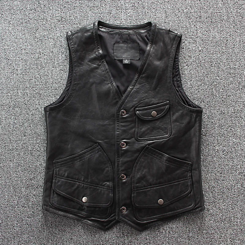 DHL Free Sheep Leather Vest Male Motorcycle Rider Short Slim Street Vest Male Brand Vintage Genuine Leather Sleeveless Jacket