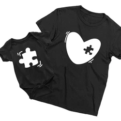 Funny Family Matching T-Shirt Mommy and Me Outfit Heart Puzzle Piece Mother and Daughter Son Tops Mama and Mini Baby Bodysuits