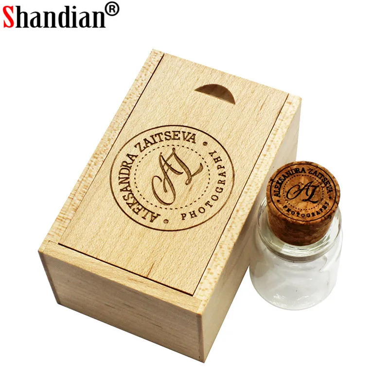 

SHANDIAN free custom logo Glass bottle USB + BOX Flash Drive Pendrive 64GB 32GB 16GB 4GB Memory Stick photography wedding gifts