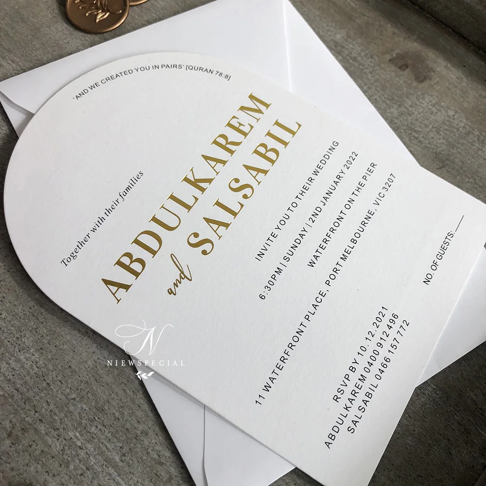 Moderm Arch Wedding invitation with gold foil print name 500gsm thickness paper with wax seal  .50/100pcs