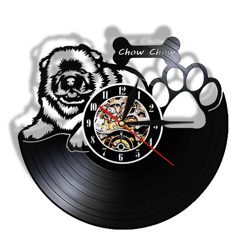 Reloj de pared con diseño de disco de vinilo Chow Songshi Quan, decoración de raza de perro cachorro, gramófono tallado, disco de música, reloj de álbum Retro