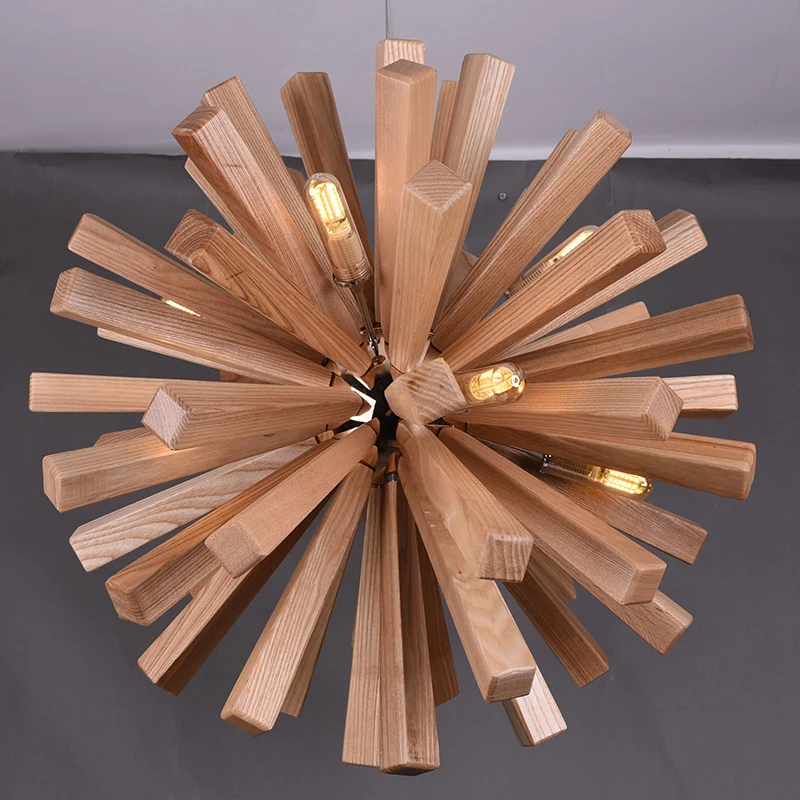 Solid Wood Oak Chandelier Individual Wooden Bar Explosive Ball Led Light Restaurant Living Room Ceiling Hanging Lamp Fixtures