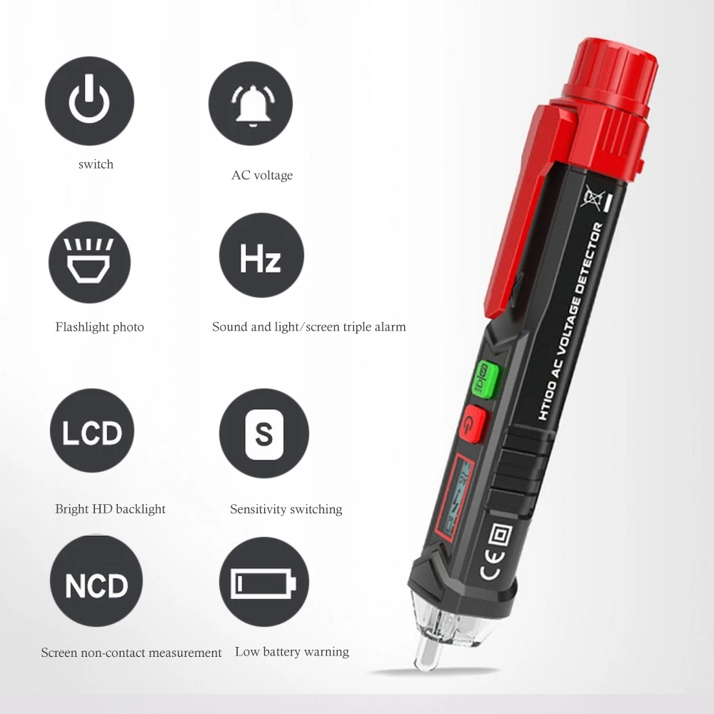 HT100 Spannung Tester Pen Intelligenten Nicht-kontakt Pen Alarm AC Spannung Detektor Dual Empfindlichkeit Tester Sensor mit Taschenlampe