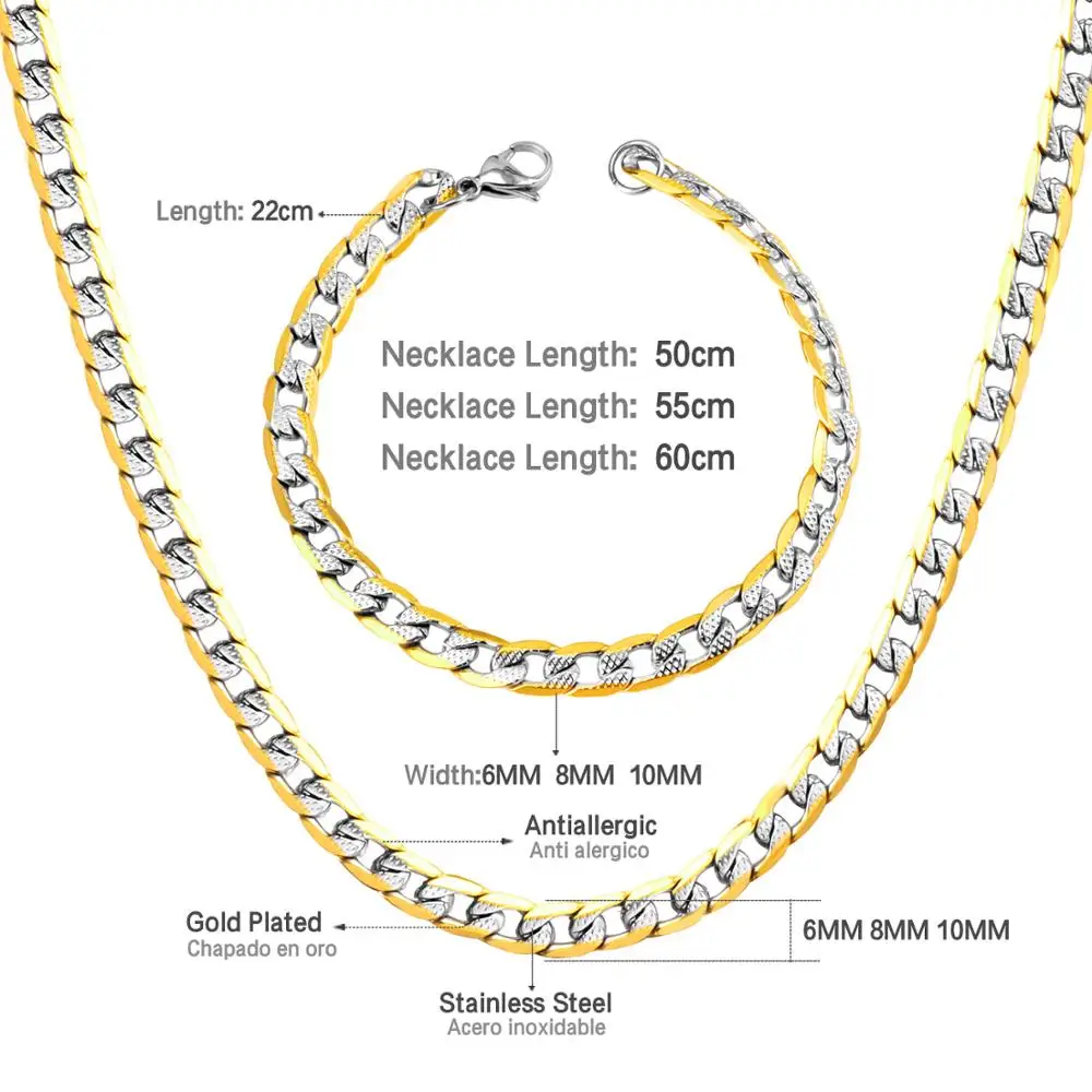 LUXUSTEEL Silver Color Chains Necklace Bracelets Width 6mm/8mm/10mm Length 50cm/55cm/60cm Stainless Steel Long Necklace Party