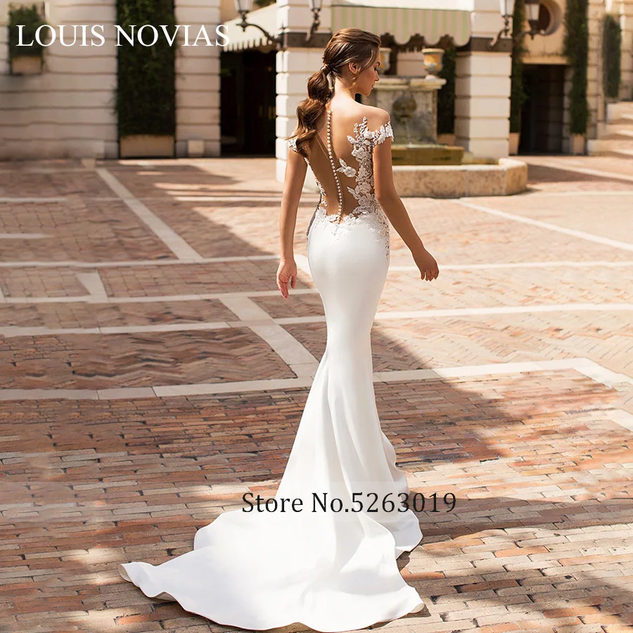 Louis Novias Gợi Cảm Người Yêu Thời Trang Hở Lưng Nàng Tiên Cá Áo Cưới Lãng Mạn Appliques Ngắn Áo Cưới Đầm Vestido De Novia