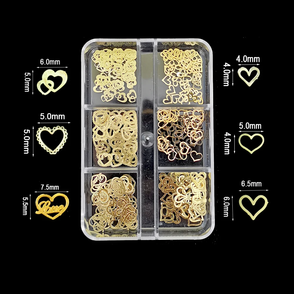 1 Box Gold Heart Metallic Nail Decals Ultra-thin Flakes Butterfly Metal Nail Studs Slices Nail Charms DIY 3D Nail Decorations