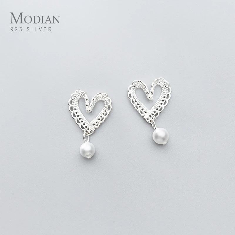 

MODIAN Hot Elegant Pearl Dangle Earring for Women 925 Sterling Silver Gold Color Lace Hearts Drop Earring Fine Jewelry Bioux