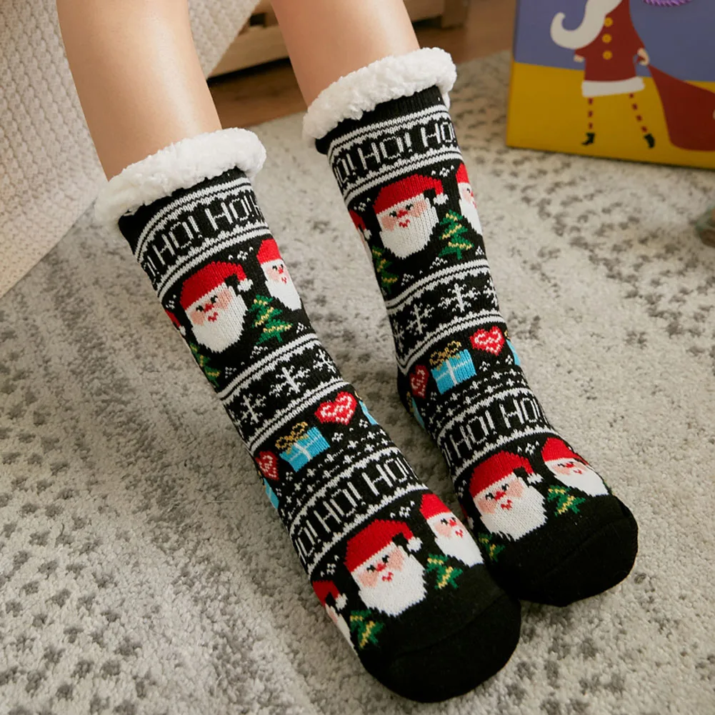 

New Year Women Cozy Cute Anti-slip Bottom Plus Velvet Thickening Socks Santa Claus Socks Winter Warm Sleep Socks Christmas Gift