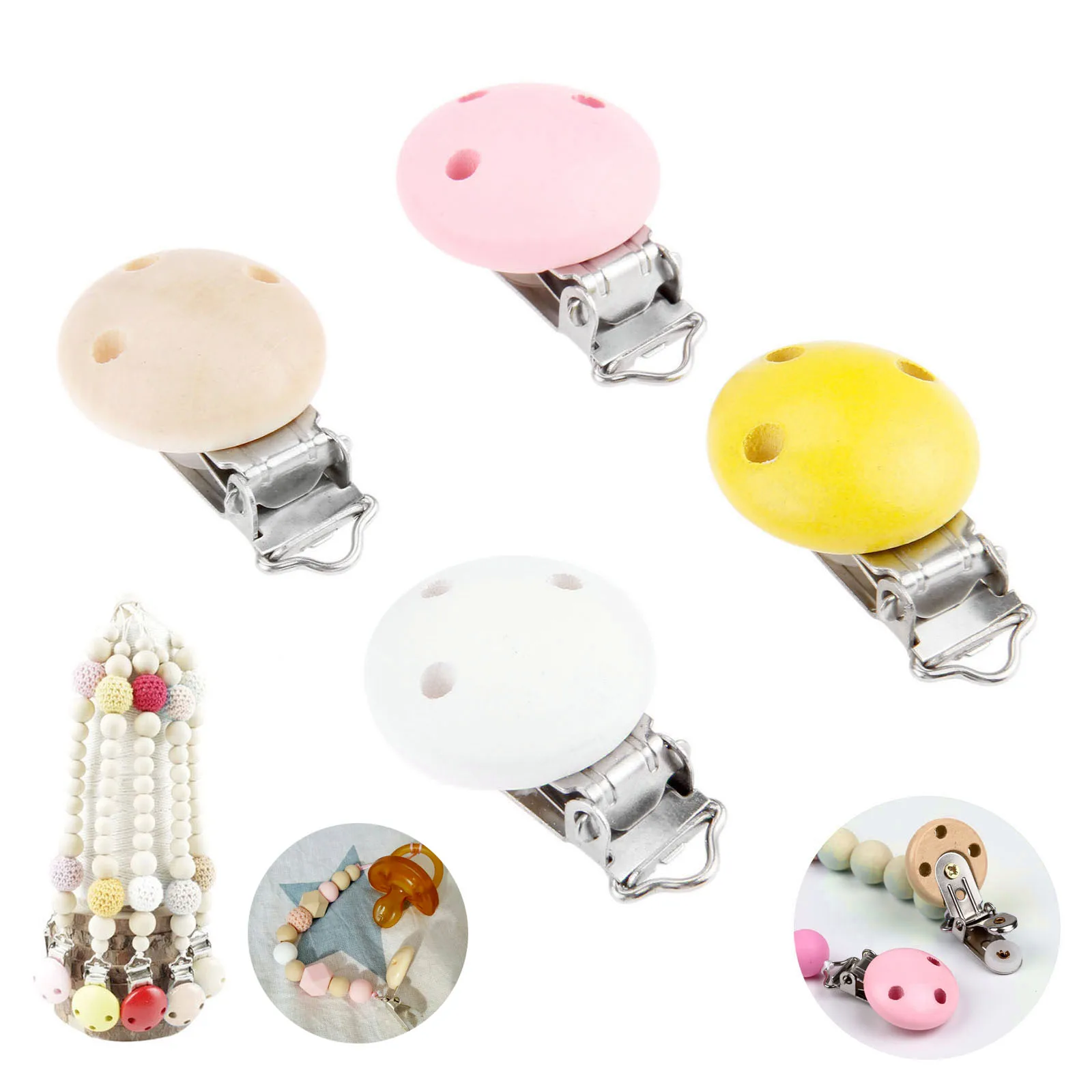 5pcs/set Natural Wooden Baby Pacifier Clips Infant Dummy Clips For Baby Holders Wood White Pink Yellow 4.4*2.9cm Hole 4mm