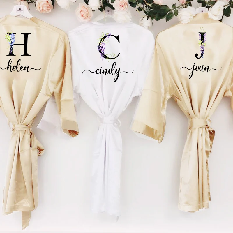 

Wedding Satin Dressing Gown Custom Name Flower Print Bride Team Robes Bridal Party Robes Bridesmaid Robes gift