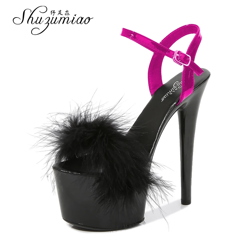 Pole Dance Shoes Feather Sandals Mixed Colors Fur Women Shoes 2021 Feather Sandals Stripers Heels Platform 17 CM Sexy High Heel