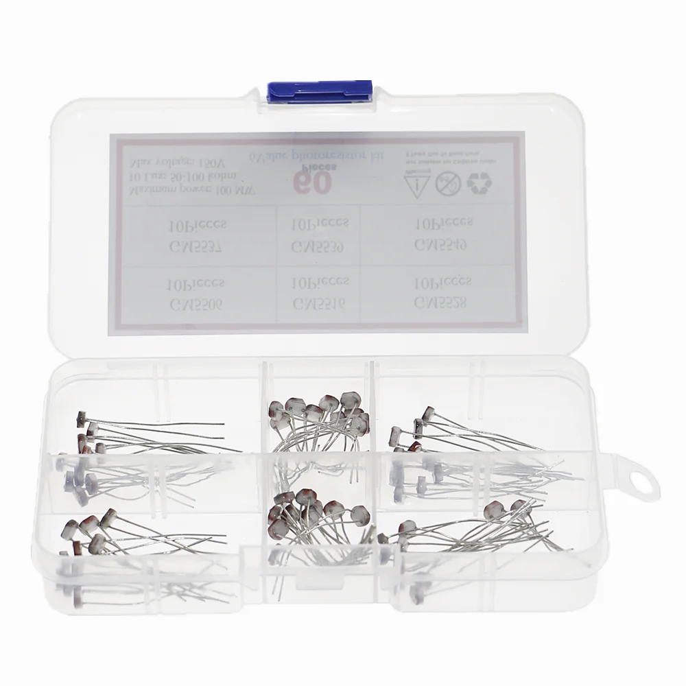 60pcs/BOX 6value GL5506 GL5516 GL5528 GL5537GL5539 GL5549 PhotoResistor kit set Sample Assort Photosensitive Resistance