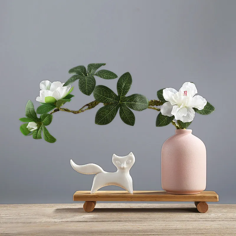 

Modern Animal Ornaments Ceramic Vase+Artificial Flower Wood Base Home Livingroom Furnishing Crafts Coffee Table Figurines Decor