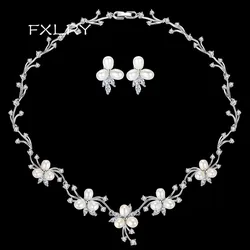 FXLRY Romantic Freshwater Pearl Bridal Flower Clear CZ Crystal Necklace Earrings Set For Women Jewelry