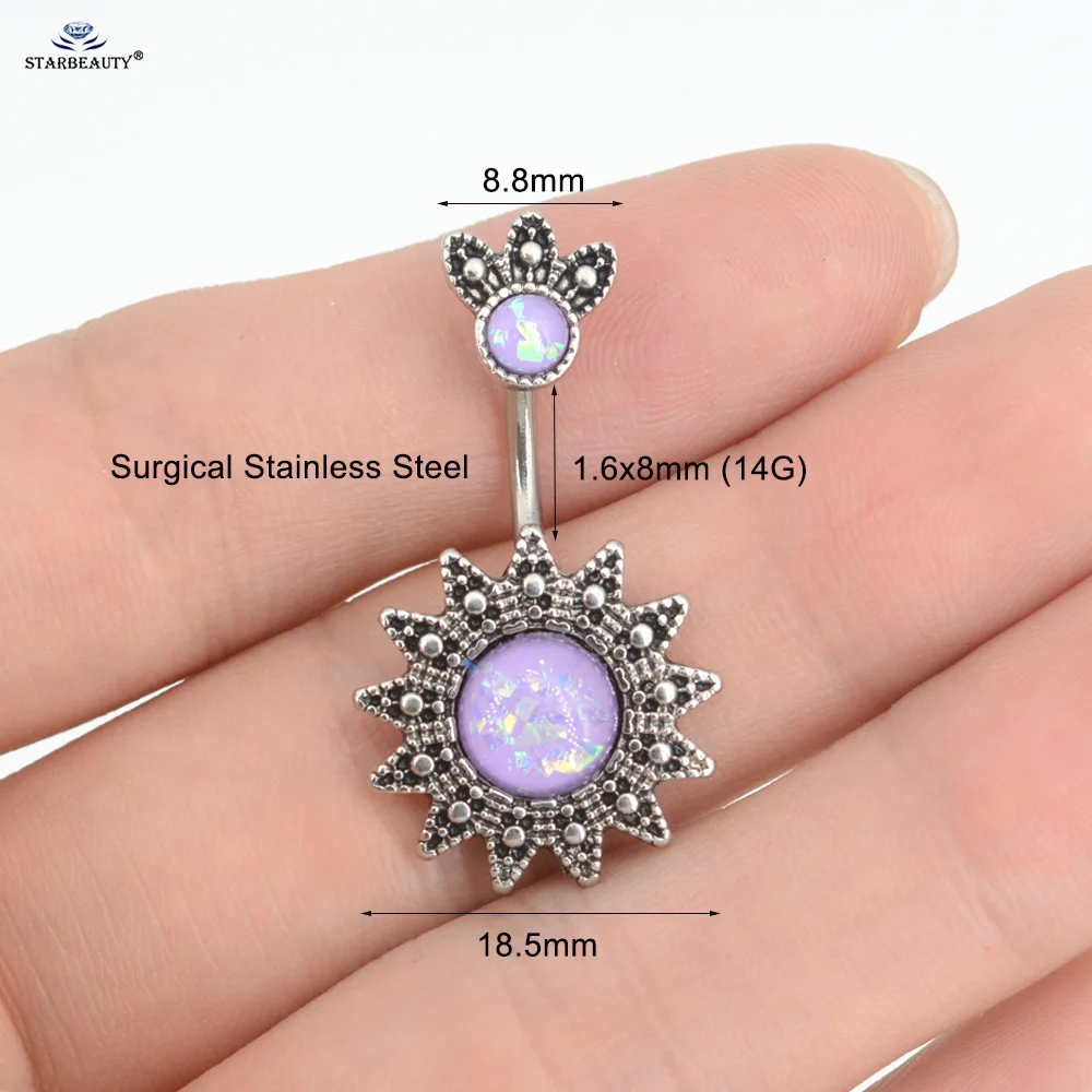 Vintage Sunflower Navel Piercing Jewelry Purple Round Gem Belly Button Rings Stainless Steel Bar Curved Belly Ring Stud Earrings