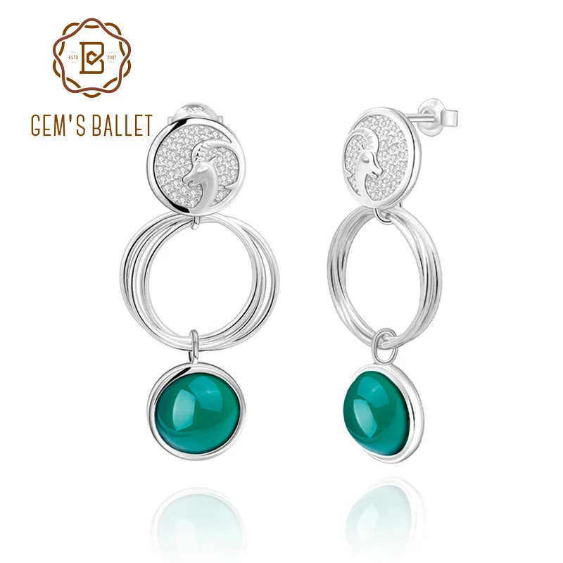 GEM'S BALLET Natural Green Agate Gemstone Earrings For Women 925 Sterling Silver Three Circle Aries Stud Earrings Fine Jewelry