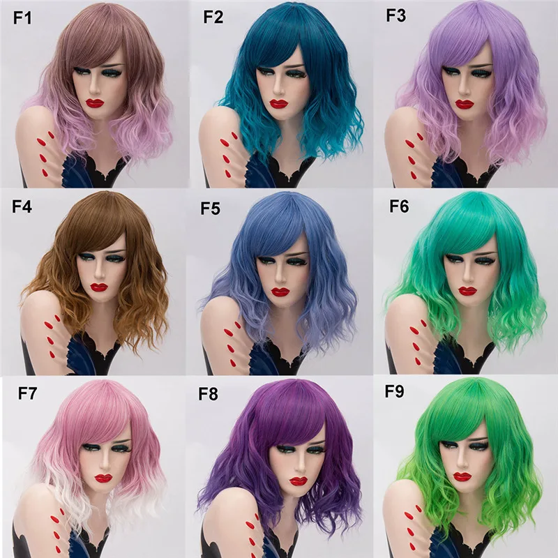 GAKA Short Wig Grey White Wavy Cosplay Red Wig with Side Bang for Women 32 Colors Party Costume Lolita Synthetic Hair