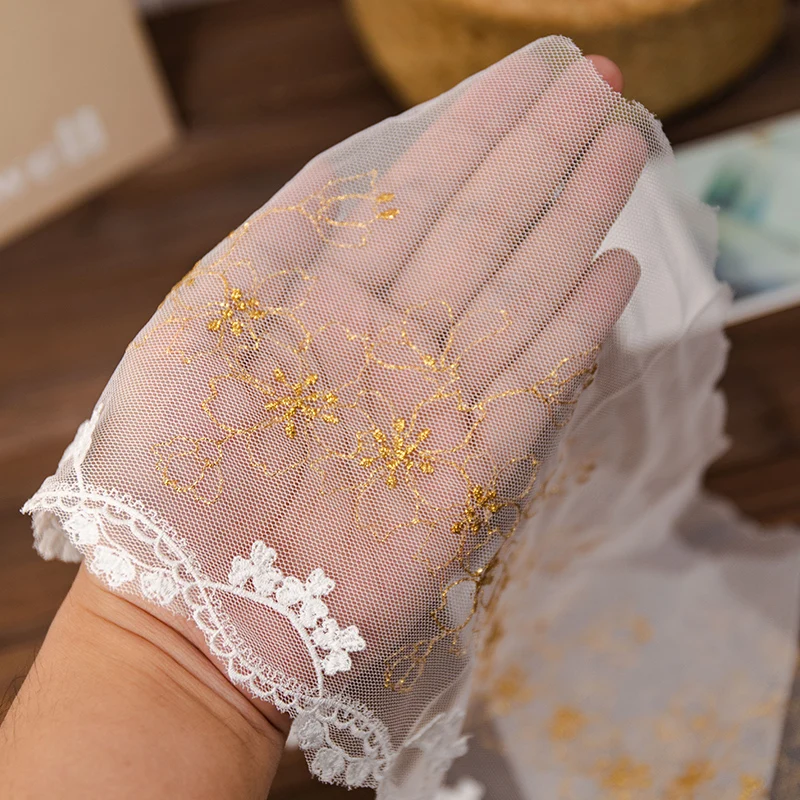 

Gold Thread Embroidery Floral Lace Fabric For Handmade DIY Crafts 17cm Wide Lace Ribbon White Sewing Supplies Tulle Mesh By Yard