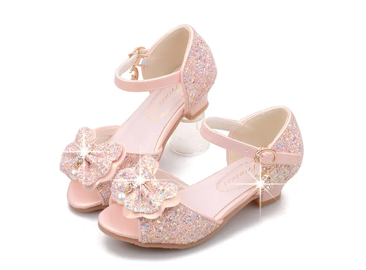 Girls Princess Shoes Shiny Children's High Heels White Show Leather Shoes New Summer Girls Bowtie Paillette Performance Sandals