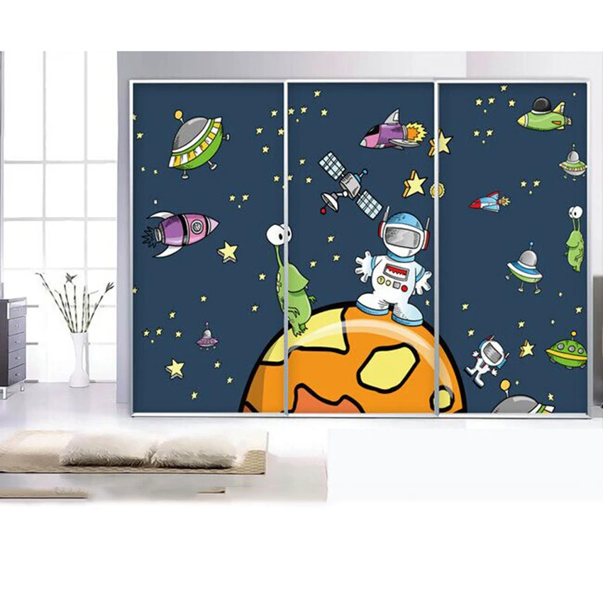 Window Sticker PVC Custom Size Static Cling Spaceman Planet Sliding Door Wardrobe Bckground Wall Decorations 40cmx100cm