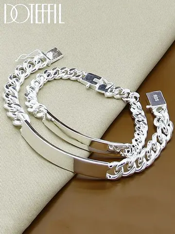 DOTEFFIL 925 Sterling Silver 2pcs Bracelet 10mm Smooth Sideways Chain For Men Women Wedding Engagement Party Jewelry