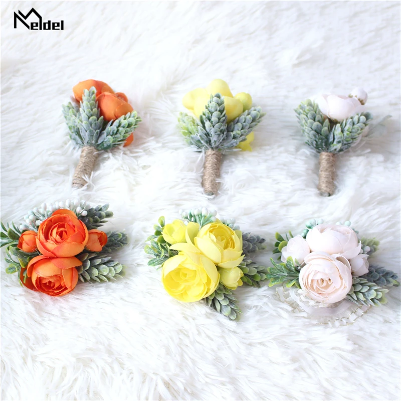 Meldel rosa bud pulso corsage mão flor homem boutonniere chá artificial rosa seda pulseira de pulso dama de honra casamento baile de formatura broche