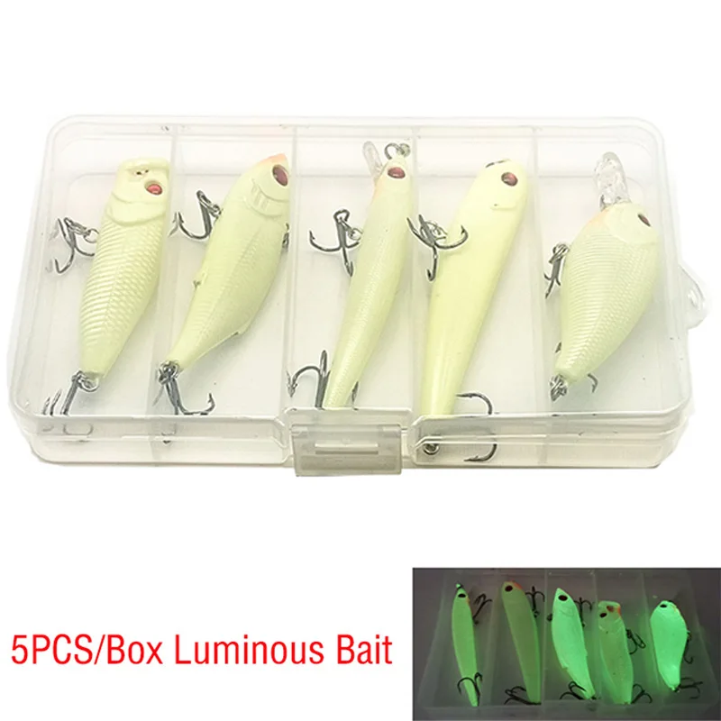 

5PCS Popper Crank Luminous/Hard Bait Kit Artificial Wobbler For Pike Night Winter Fishing Lure set Tackle Fish Lure Bass Isca