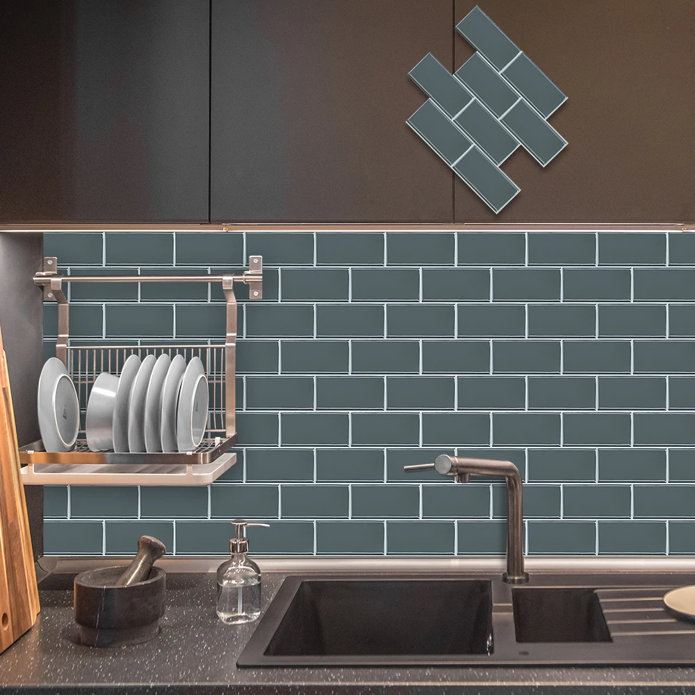 بلاط سميك مقاوم للماء باللون الرمادي والأزرق قابل للتقشير واللصق، بلاط مترو الانفاق ذاتي اللصق للمطبخ باكسبلاش #4