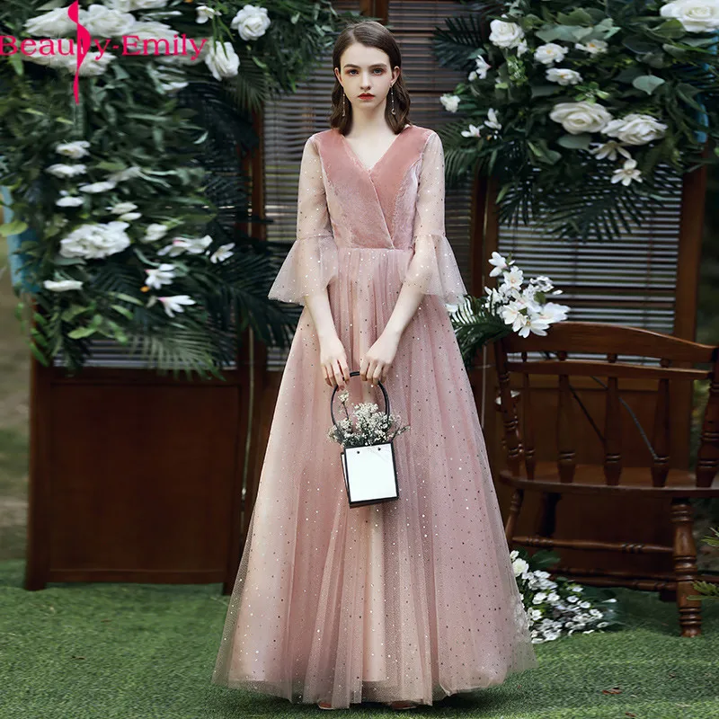 

Beauty-Emily Romantic V Neck Sleeveless Bridesmaid Dress 3 Colors Available 2020 A-Line Vestido De Festa De Casamen Party Dress