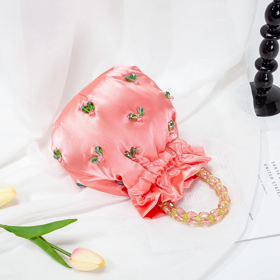 Beads Handle Satin Hobo Bags Women 2021 New Korean Chic Cute Handmade Top Handle Beading Bucket Purse And Handbag Bridal Wedding