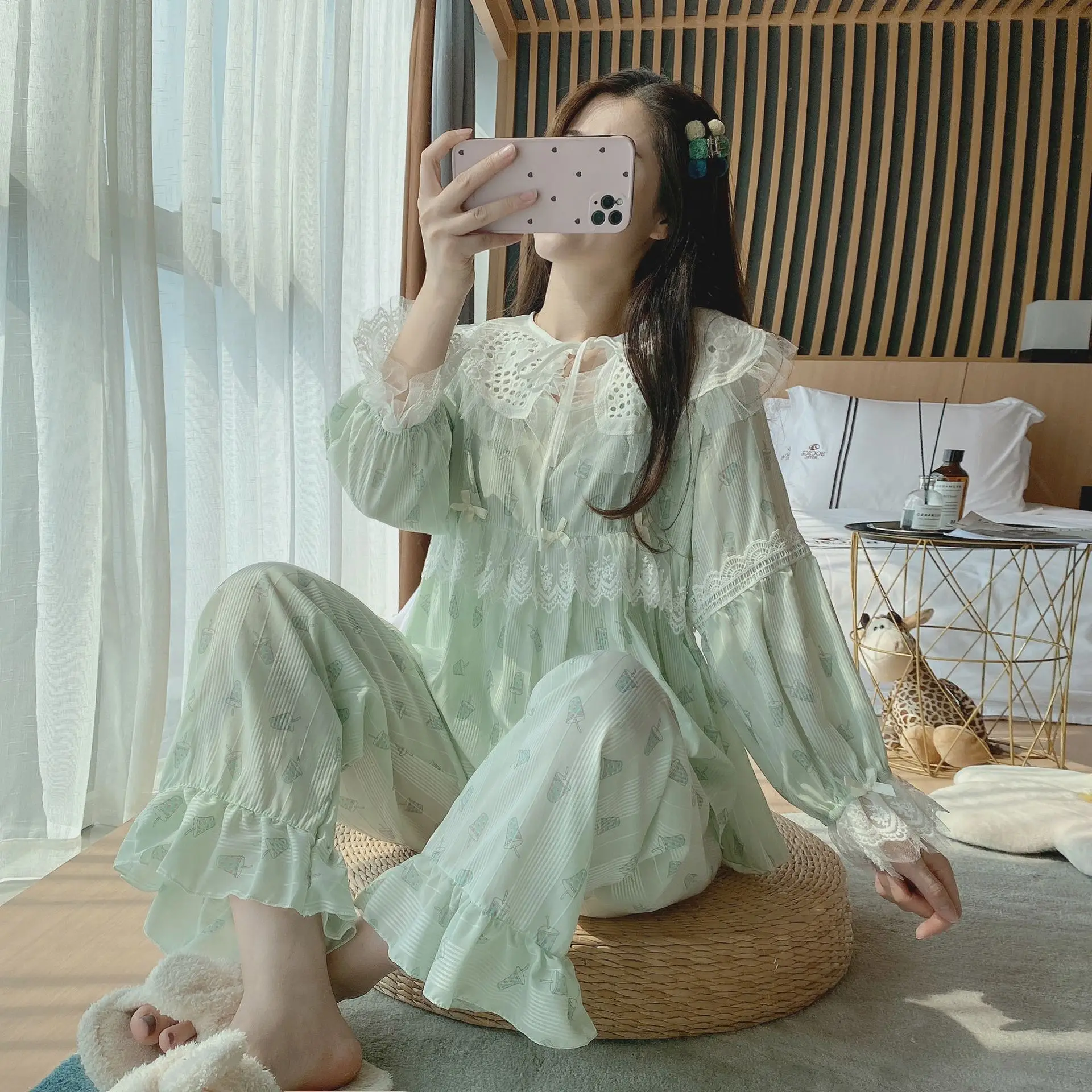 

New Women's Cotton Lapel Cute Cup Comfortable Home Service Two Piece Pajamas Loose Ruffle Pajamas Kawaii Pajamas