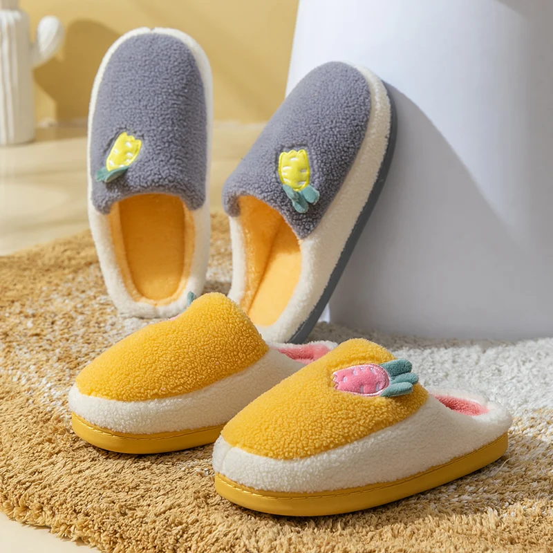 Fashion Winter Warm Slippers Women Korean Patchwork Cute Carrot  Home Slides PVC Non-Slip Sole Indoor Autumn Soft Plush Shoes