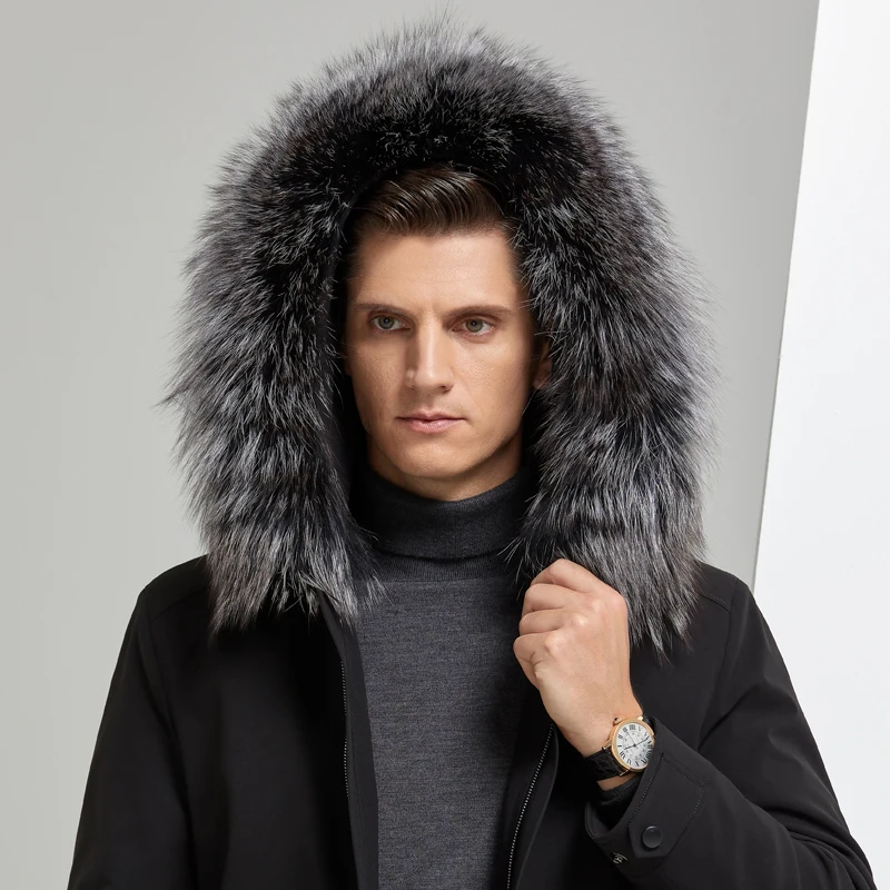 New Black Real fox fur Collar Hooded Mens Parka Thicken Warm rabbit Fur Lining Winter Overcoat Long Jackets Men Large Size M-4XL