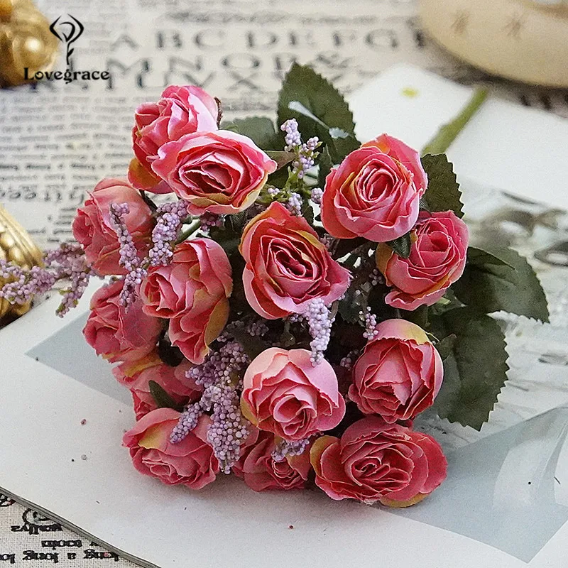 Ramo de flores artificiales de seda roja rosa de tela, 15 cabezas, pequeño ramo de novia de franela, Decoración de mesa para el hogar de boda, flores falsas