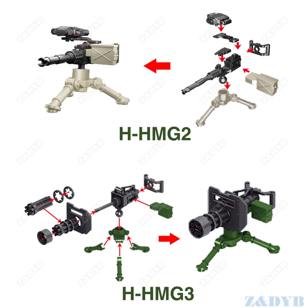 Gatling Heavy Machine Guns DIY Military WW2 Weapon Moc Mini Soldier Locking Figure Model Building Block Brick Children Kids Toys