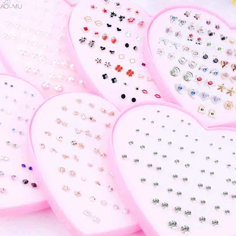 AOMU Multicolor Cryatal 36 Pairs Cartoon Hypoallergenic Plastic Stud Earrings Set For Women Girl Wedding Christmas Gifts Jewelry