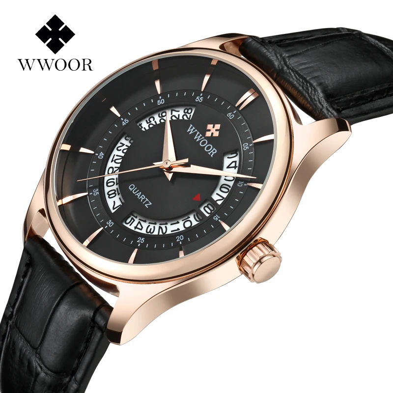 WWOOR Men Leather Strap Watches Waterproof Date Japan Quartz Movment Casual Analog Wristwatch relogio masculino