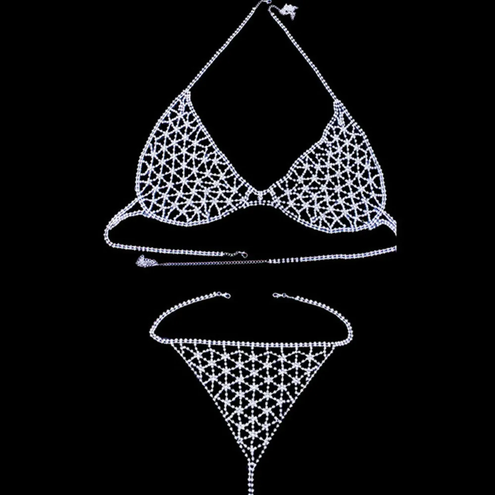 Luxury Sexy Rhinestone Snowflake Shape Body Waist Chain Round Panties Thong for Couple Bling Crystal Body Jewelry Bra Necklace