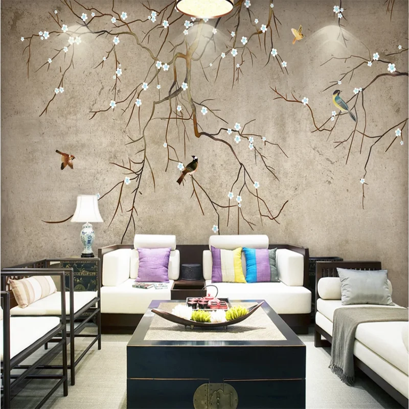 

Custom wallpaper mural Chinese style hand-painted flowers and birds plum wall - high-grade waterproof material
