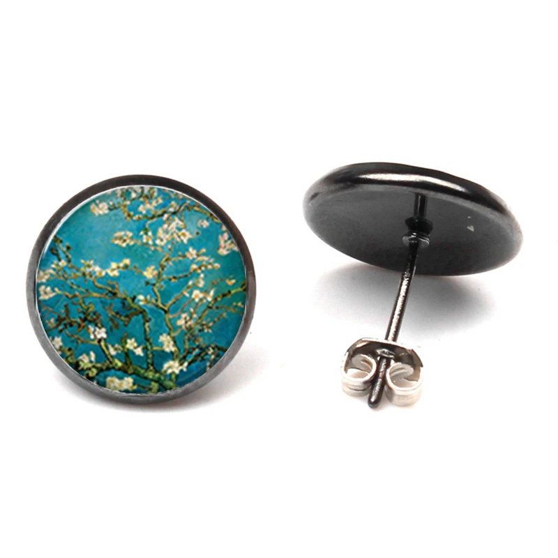 Van Gogh Almond Stud Earrings Branch in Bloom Art Earring Bridal Jewelry Van Gogh\'s Painting Glass Cabochon art Earring