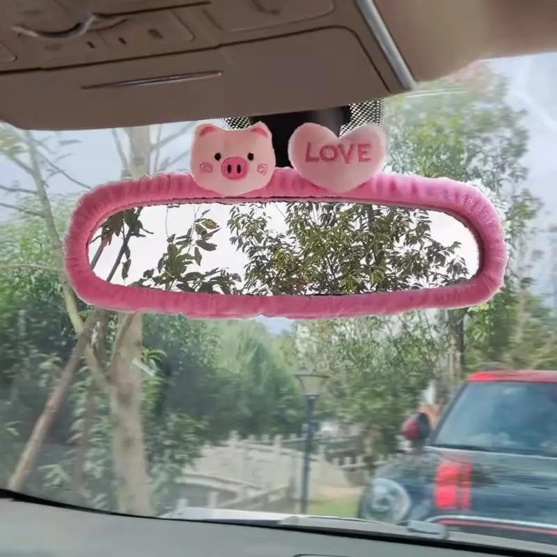 Car Rearview Mirror Cover Reversing Mirror Adorn Cartoon Kitten Pig Heart Mirror Cartoon Reversing Decoration Female