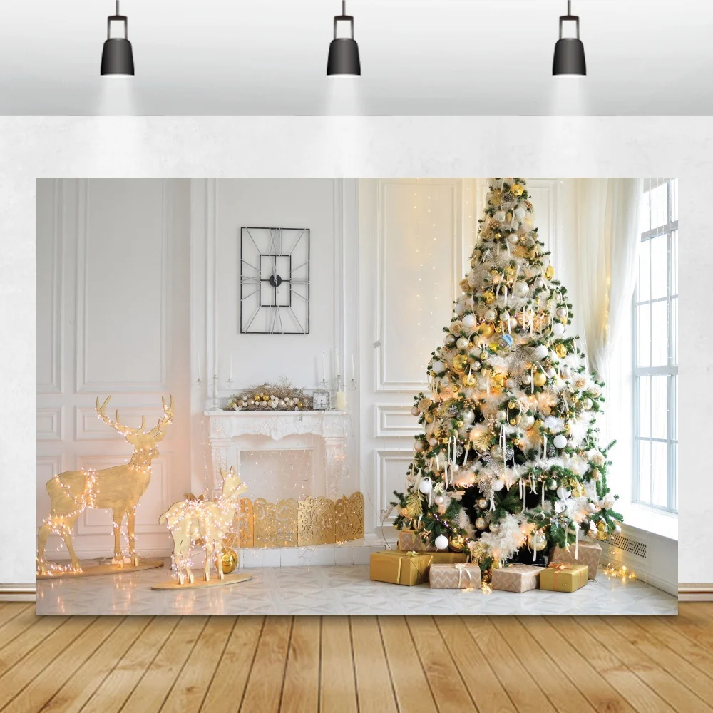 Laeacco Luxury Decor Merry ChristmasเทศกาลเตาผิงTreeของขวัญChic Wallภาพเด็กทารกถ่ายภาพพื้นหลังฉากหลัง