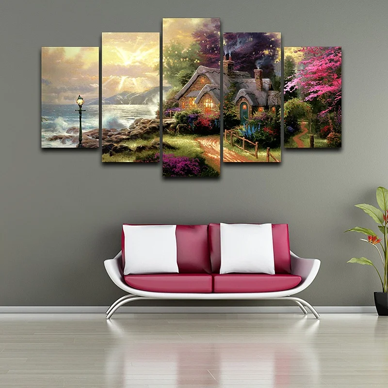 Classic Oil Painting HD Print Canvas Wall Art, 5 Panel, Seashore Cottage, Modular Picture, Modern Frame, Living Room Decor
