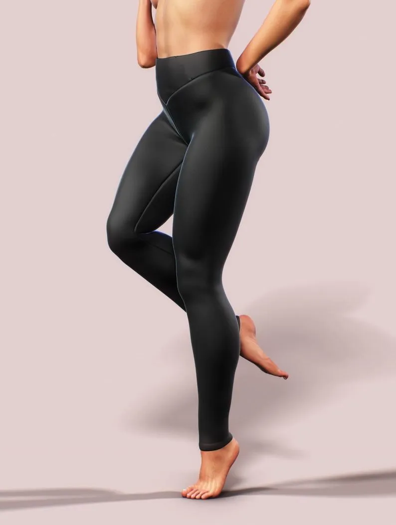 Frauen Laufhose Mode Slim Fit Glänzenden PU Leder Leggings Sportswear Weibliche Workout Fitness Kleidung Vorne und Zurück V-taille