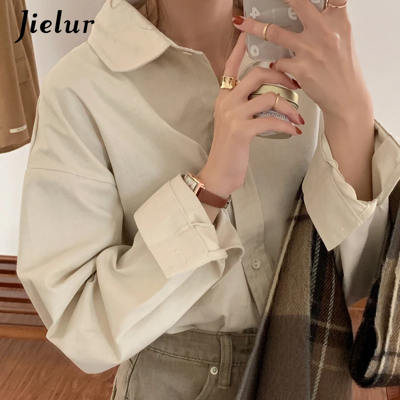 

Jielur Solid Color Lady Shirt Women Tops Turn-down Collar Blouse Long Sleeve Autumn Retro Leisure Korean Apricot Camisas Mujer