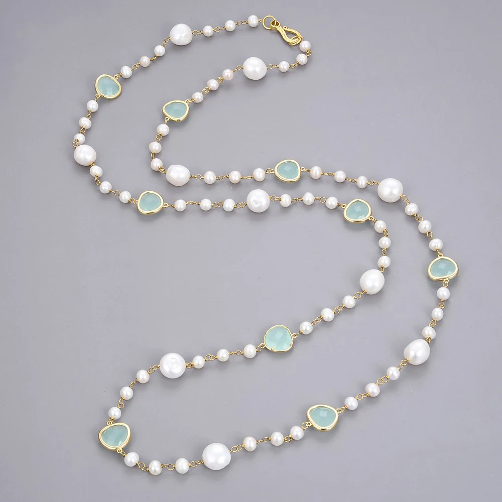 

44" Natural Pearl White Baroque Keshi Pearl Blue Crystal Long Necklace