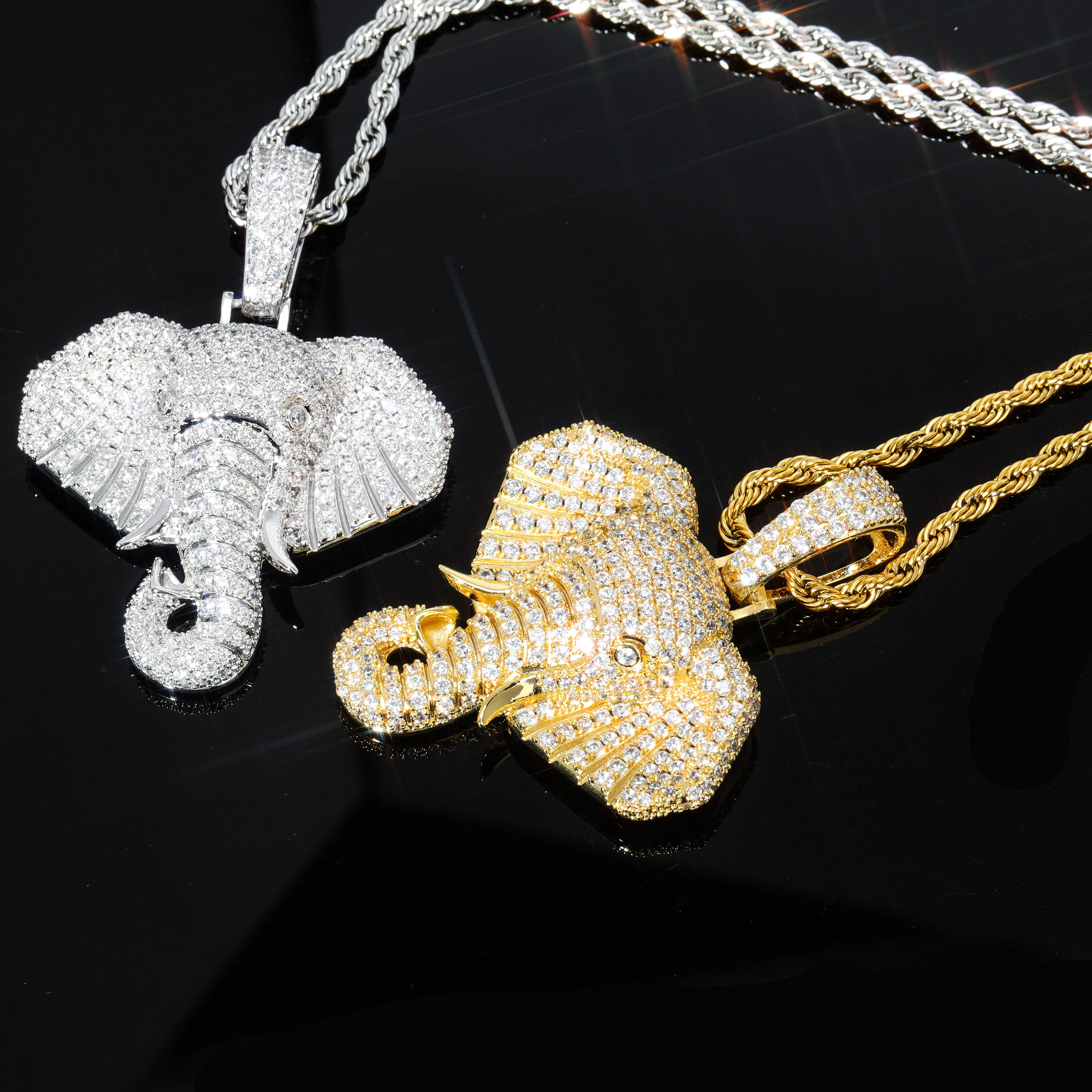 GUCY Iced Out Cubic Zircon Bling Animal Elephant Necklace & Pendant Men Women Hip Hop Rock Jewelry CZ Necklace For Gifts