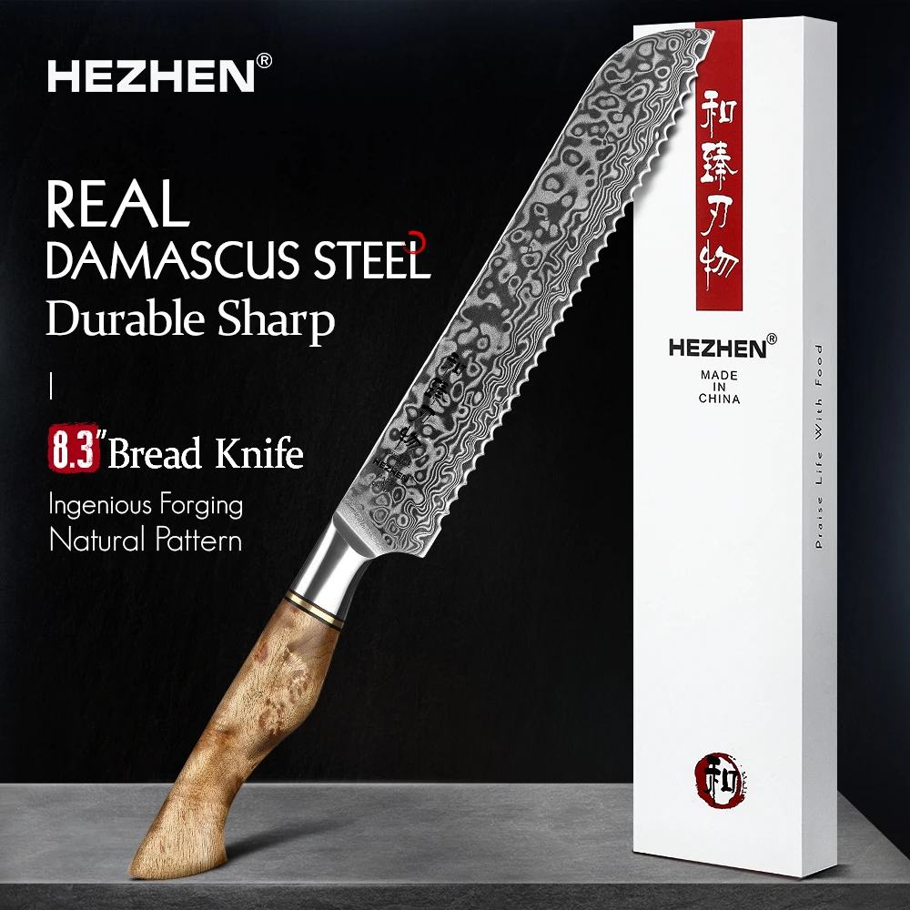 

HEZHEN 8.3 Inch Bread Knife Real 67 Layer Damascus Steel Super Cook Knife Cut Cake Service Watermelon Sharp Kitchen Tools